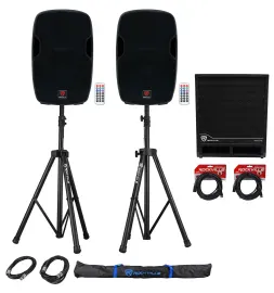 (2) Rockville 15" Powered Speakers+Stands+Subwoofer For Backyard Movie Theater