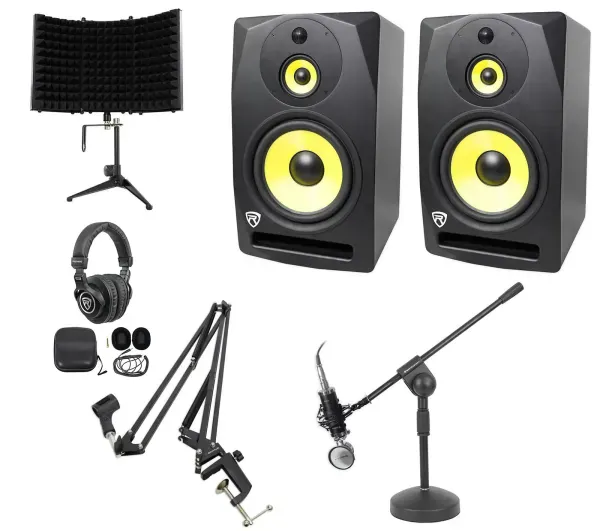 (2) Rockville DPM10B 10" 800w Active Studio Monitors+Headphones+Shield+Mic/Stand