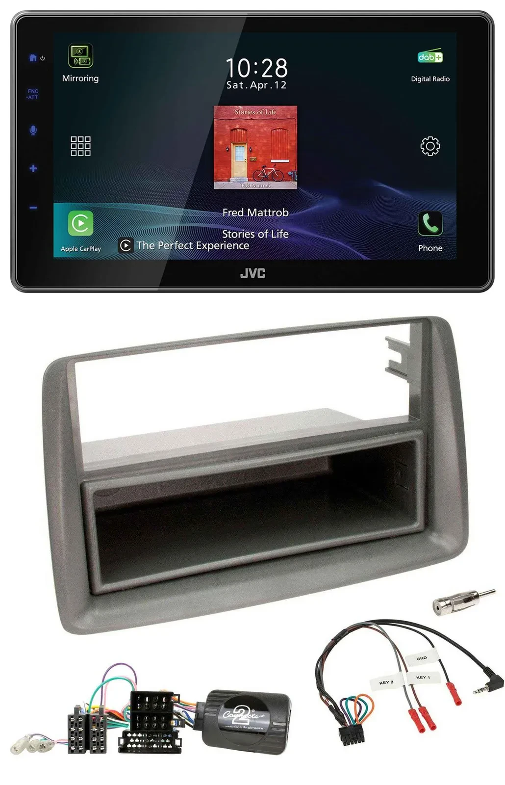 JVC DAB Lenkrad Bluetooth USB Autoradio für Fiat Panda 169 2007-2012 grau