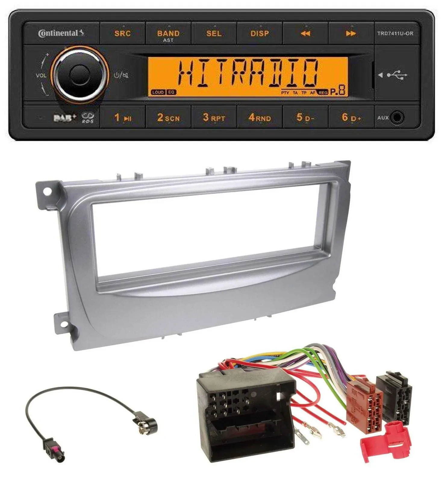 Автомагнитола Continental 1DIN DAB MP3 AUX USB для Ford S-Max/Mondeo (2007–2014), серебристая