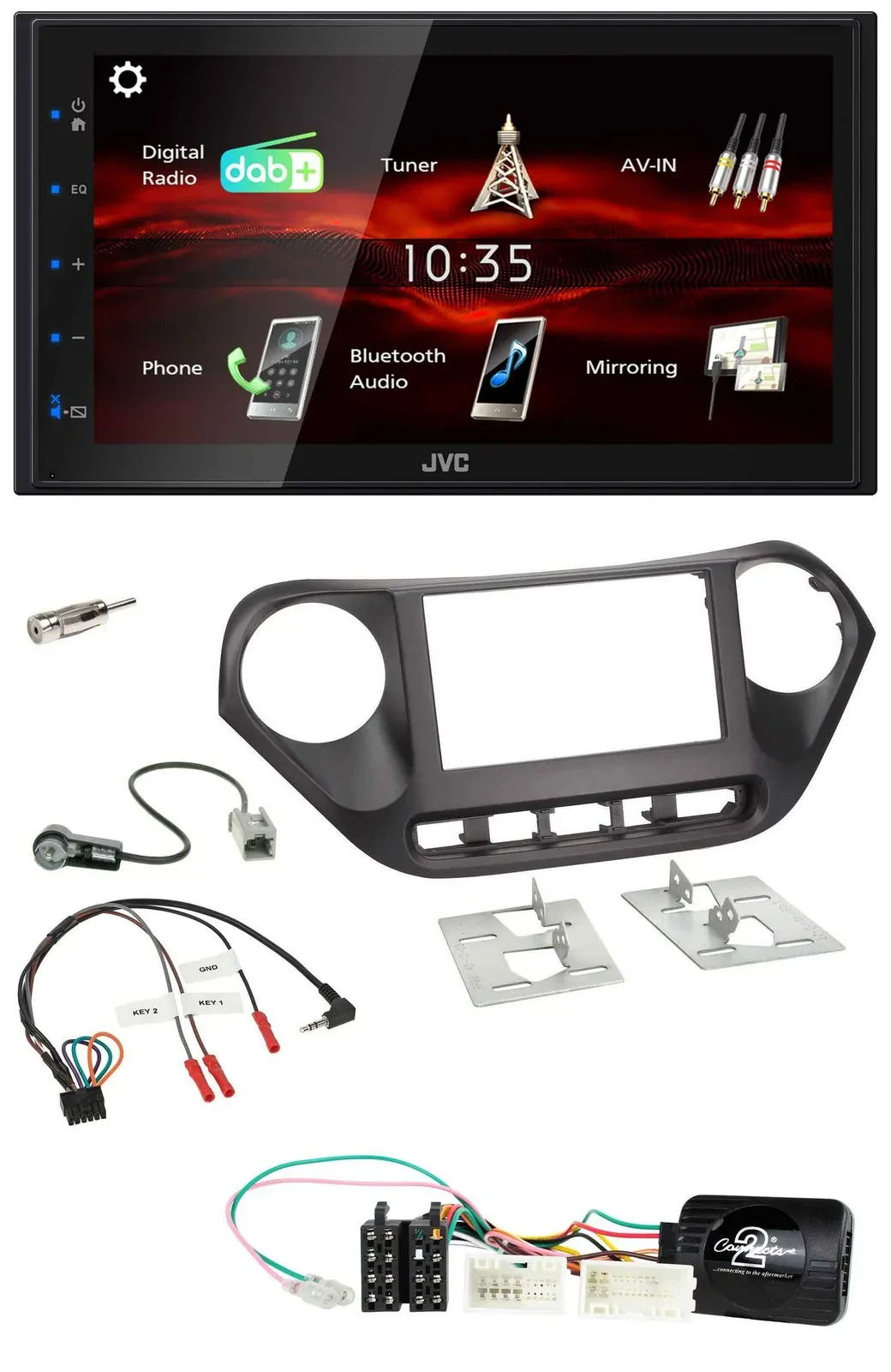 Автомагнитола JVC 2DIN, DAB, USB, Bluetooth, совместимая с кнопками на руле, для Hyundai i10 (с 2014)