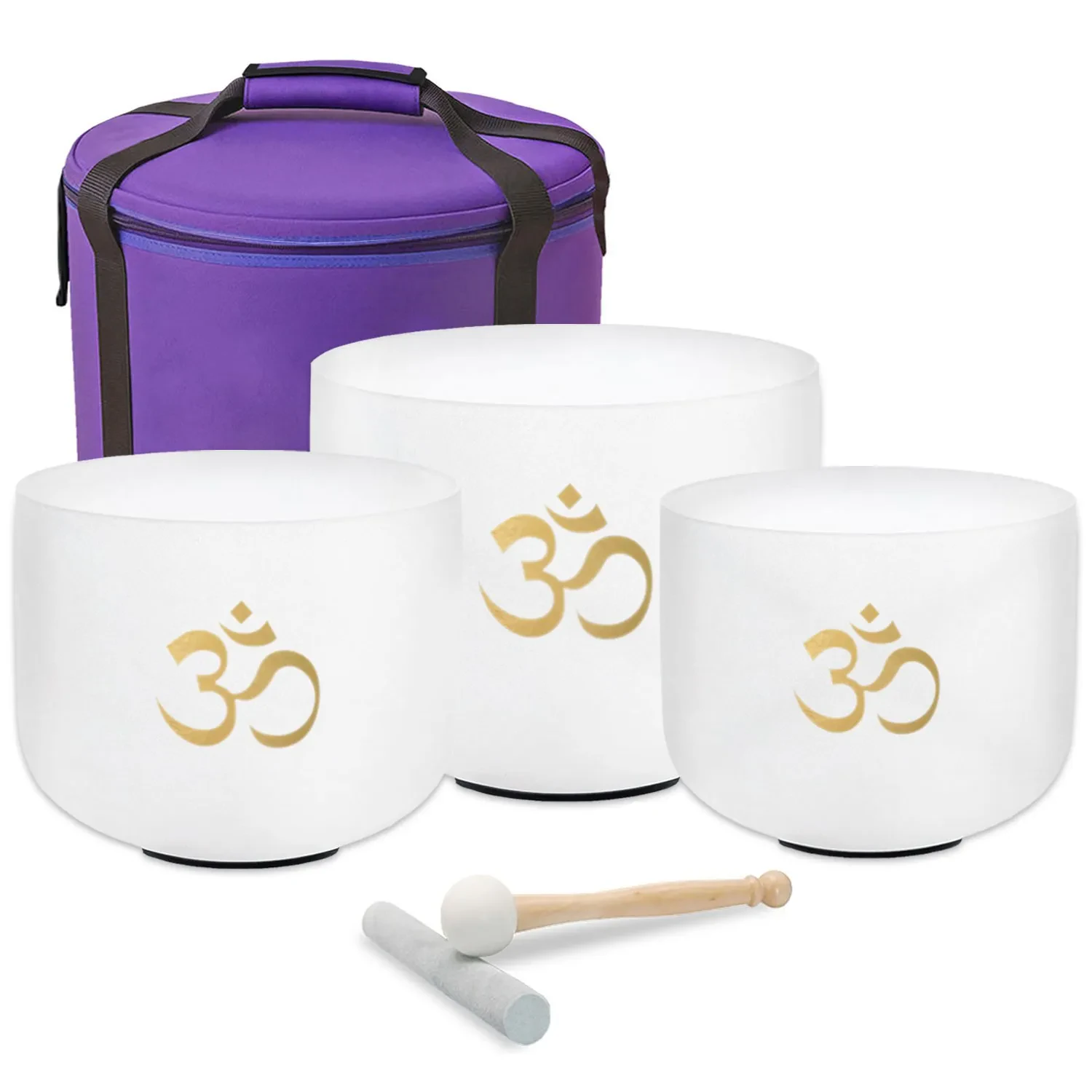 keepdrum Quarz Klangschalen-Set OM Pro Weiss 3-Chakren Set mit Zubehör