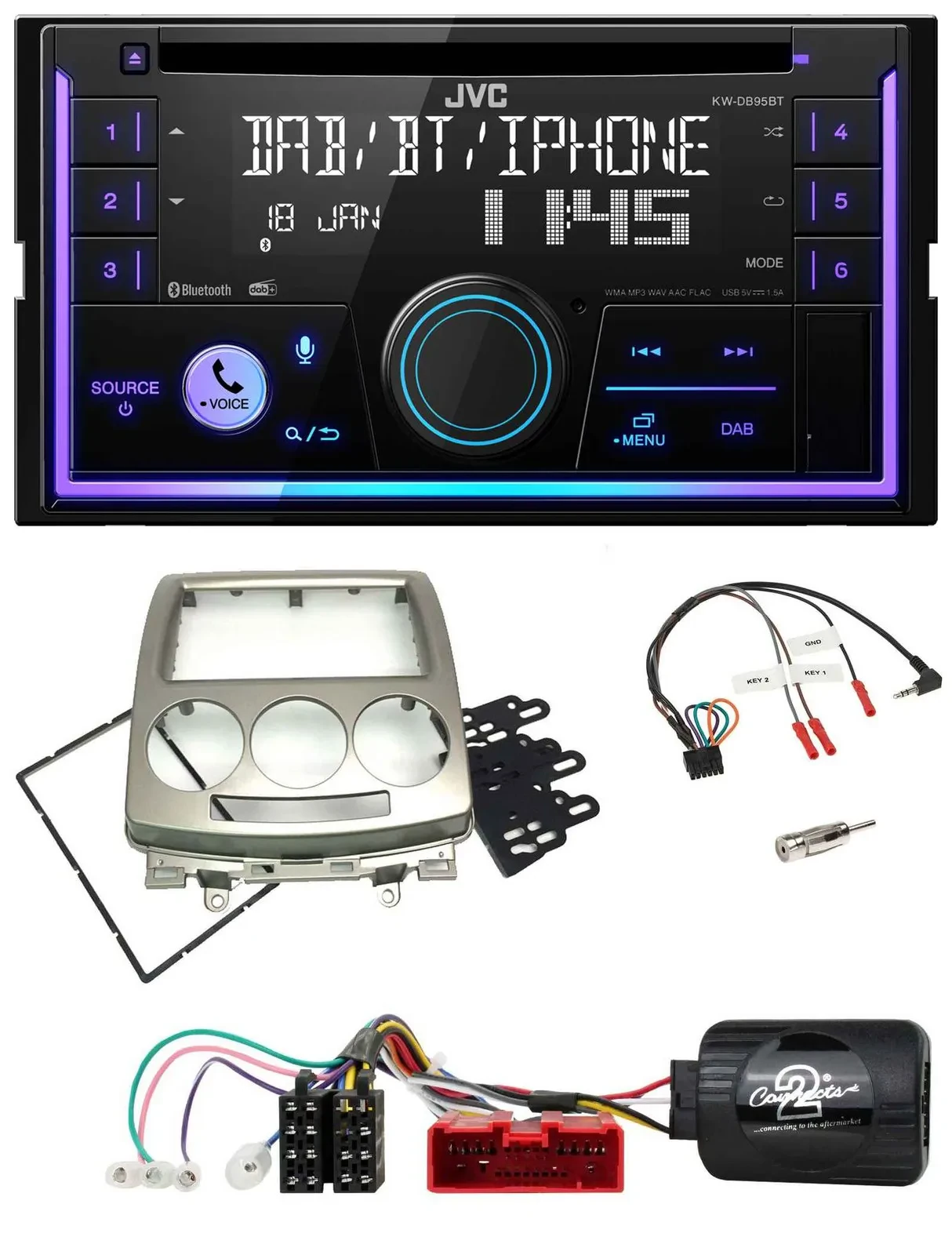 JVC Lenkrad USB 2DIN DAB Bluetooth CD Autoradio für Mazda 5 CR 2005-2010 silber