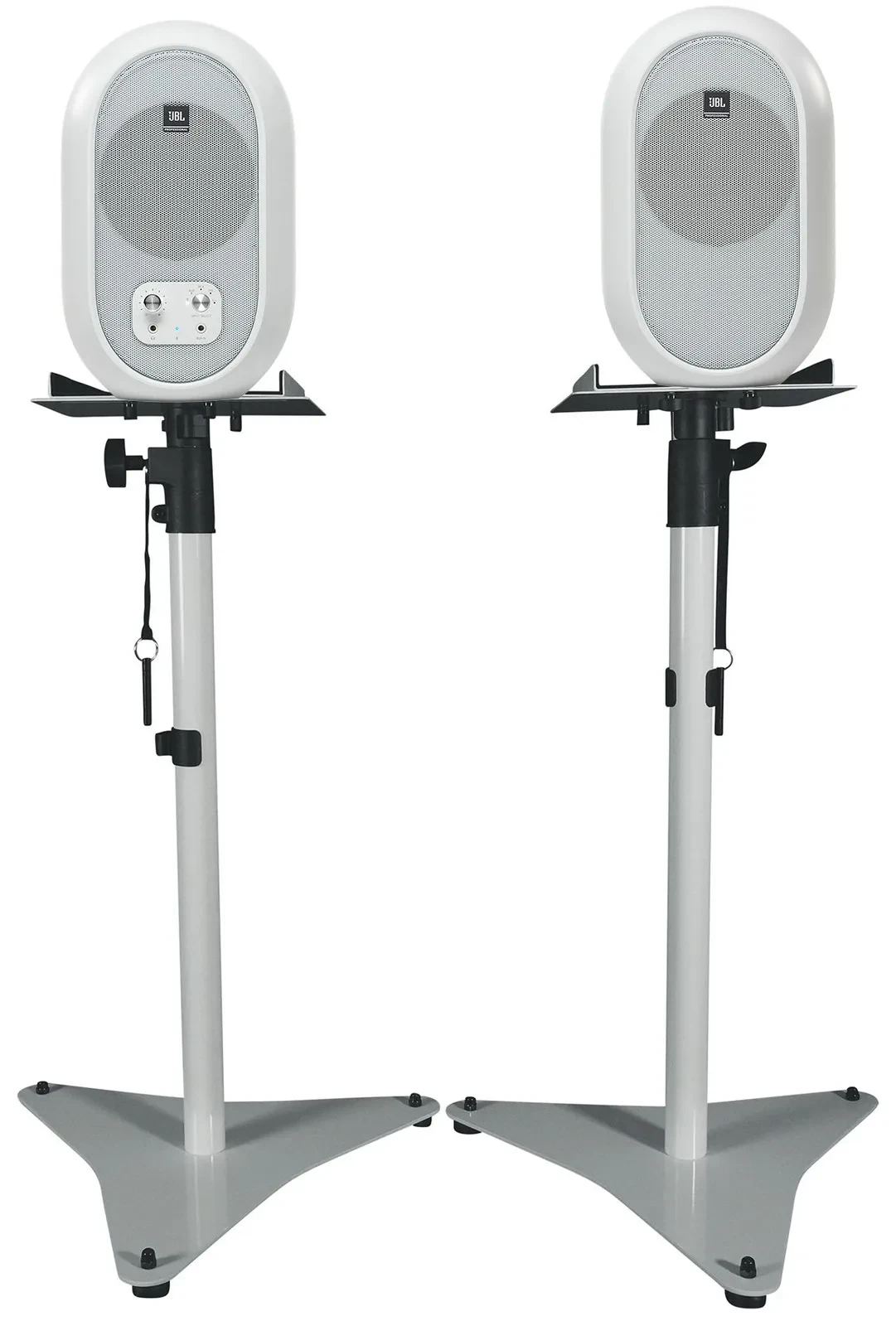 (2) JBL 104SET-BTW Active Studio Monitors w/Bluetooth+White Adjustable Stands