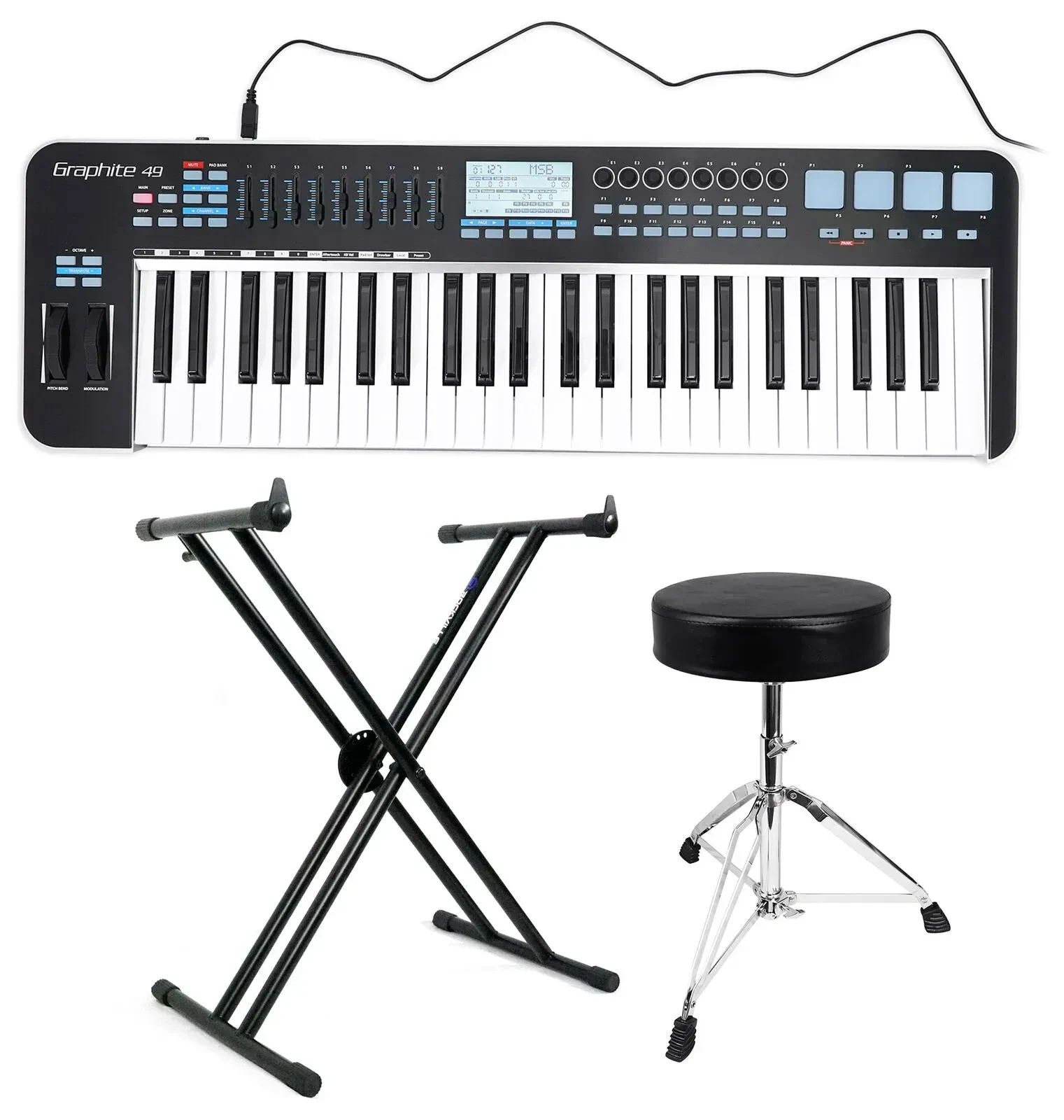 Samson Graphite 49-Key USB MIDI DJ Keyboard Controller w/Fader/Pads+Stand+Throne