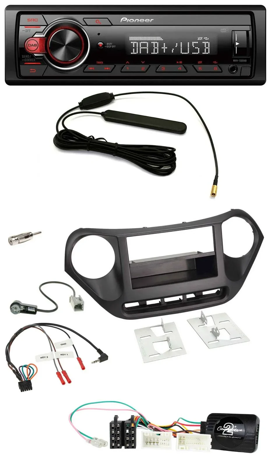 Автомагнитола для Hyundai i10 (с 2014) Pioneer 1-DIN, DAB, MP3, USB, совместима с кнопками на руле, черная