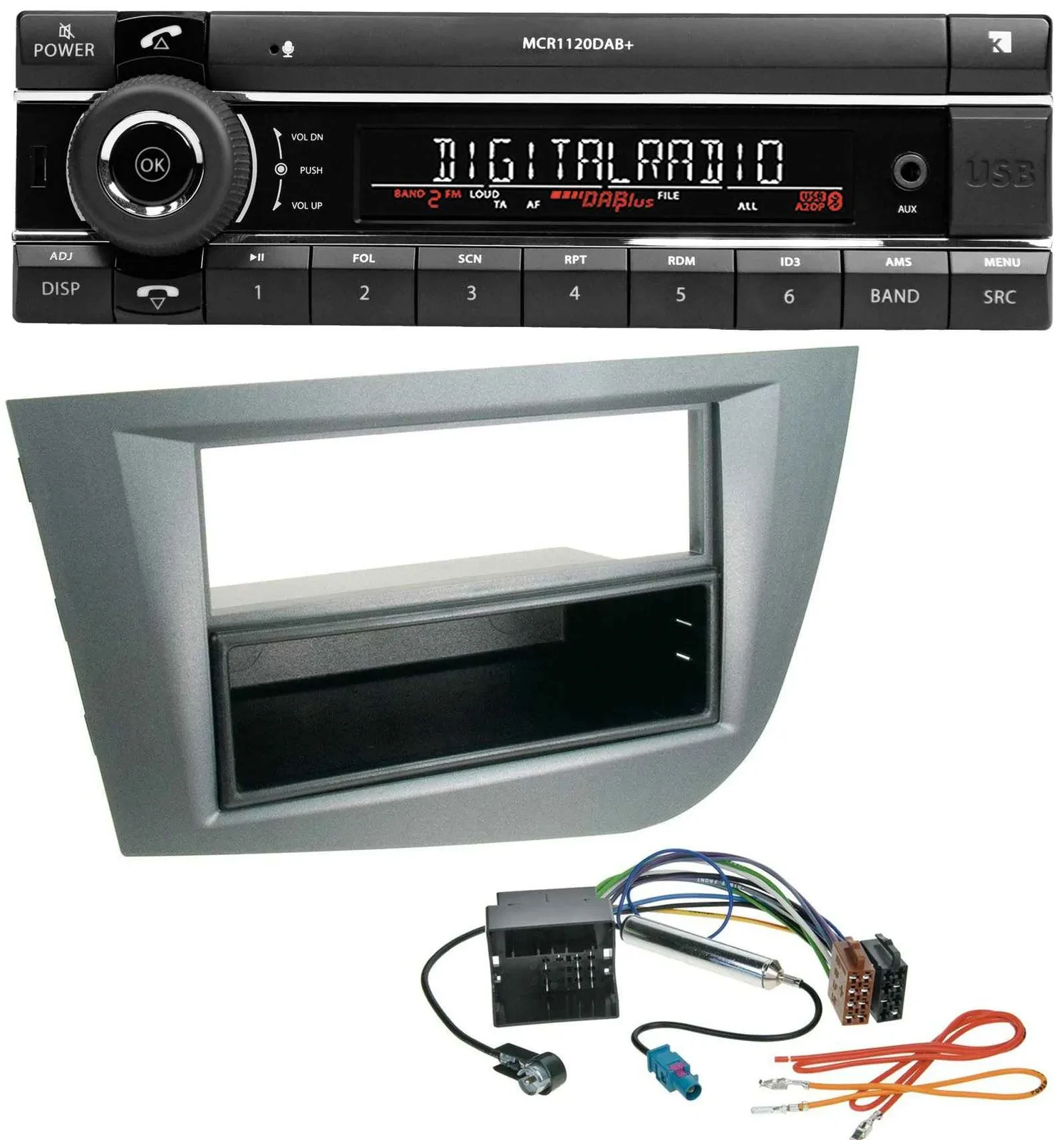 Автомагнитола для Seat Leon (с 2005) Kienzle Bluetooth, MP3, USB, DAB, темно-серый металлик