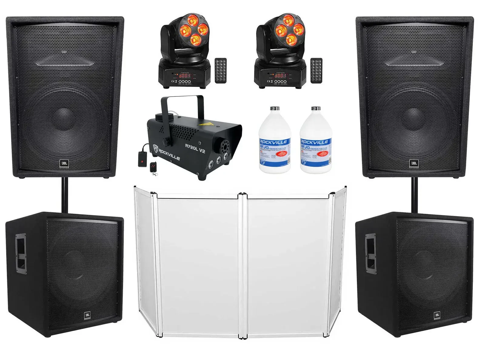 (2) JBL JRX215 1000w 15" DJ P/A Speakers+(2) 18" Subs+Moving Heads+Facade+Fogger