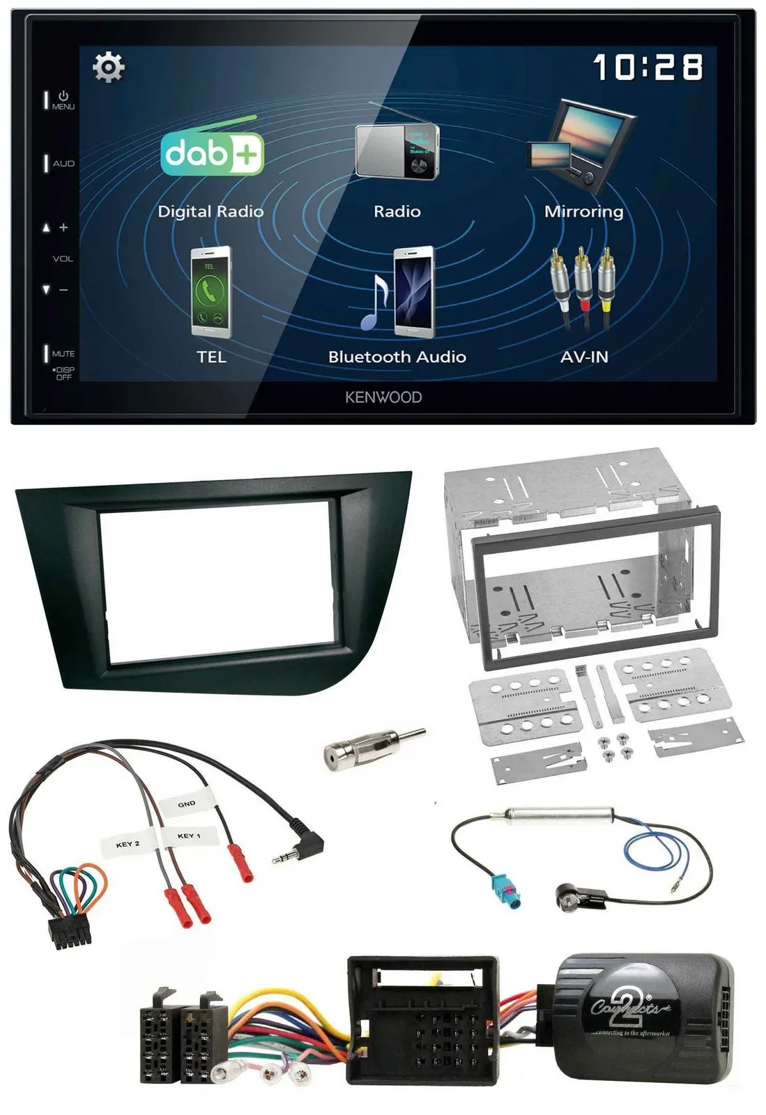 Автомагнитола для Seat Leon 2005–2009 Kenwood 2DIN Bluetooth USB DAB, черная, с поддержкой управления на руле