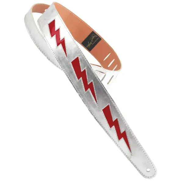 Henry Heller Lightning Bolt Leather, 2" Wide Guitar Strap, Silver/Red