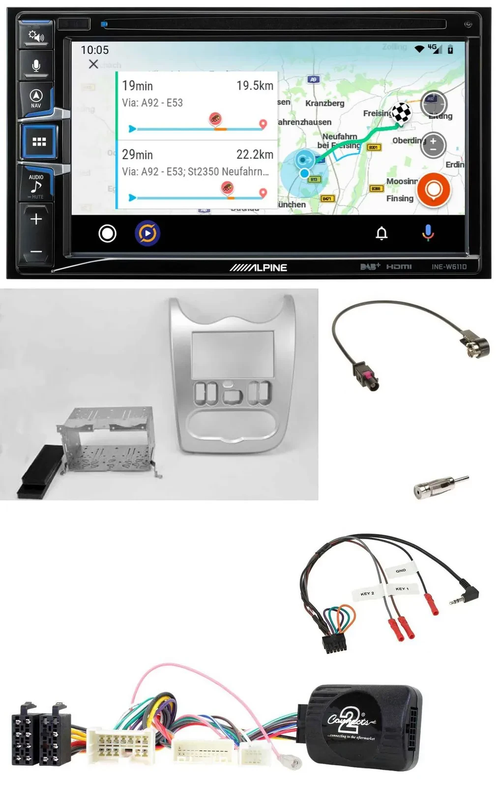 Alpine Bluetooth TMC USB DAB 2DIN Lenkrad Navigation für Dacia ab 2012 hellsilbe