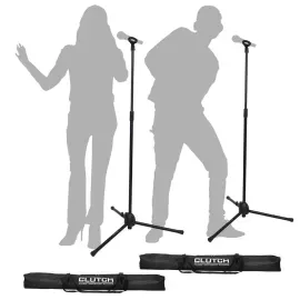 Microphone Stands Live Gig Karaoke Mount Holder w Mic Clips & Bags 2 Pack