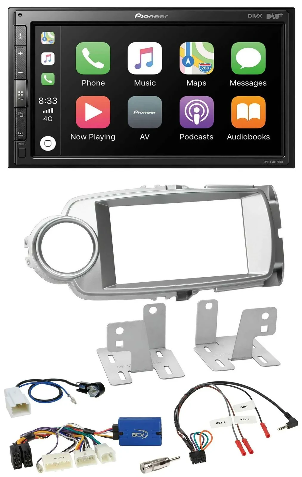 Автомагнитола Pioneer 2DIN DAB Bluetooth USB для Toyota Yaris 2011–2014 серебристая