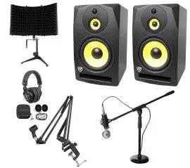 (2) Rockville DPM10B 10" Powered Studio Monitors+Headphones+Mic+Shield+Stand