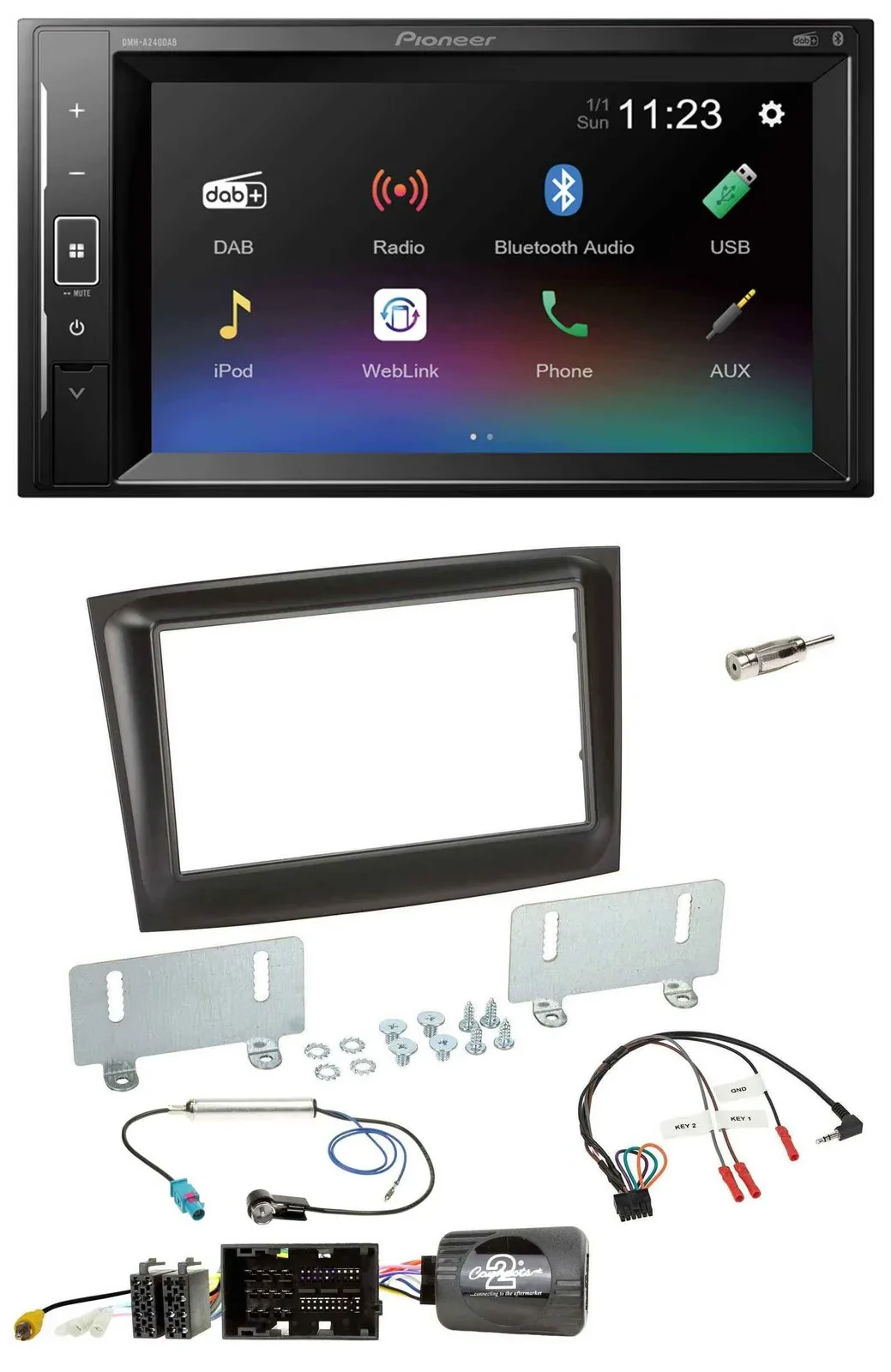 Автомагнитола для Fiat Doblo (с 2015) Pioneer 2 DIN, DAB, Bluetooth, USB, черная, с поддержкой кнопок на руле