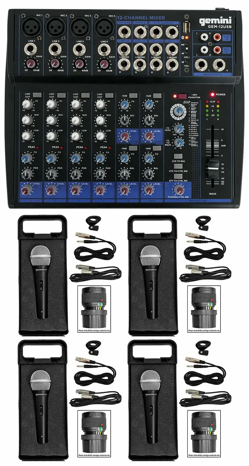 Микшерный пульт Gemini GEM-12USB 12-канальный, Bluetooth, USB, 2-bus, 3-полосный EQ (набор, 4 микрофона)