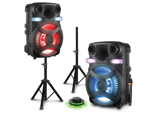 Technical Pro CLUB15 15" Rechargeable Bluetooth Speakers+Stands+Remote+Mic+Light