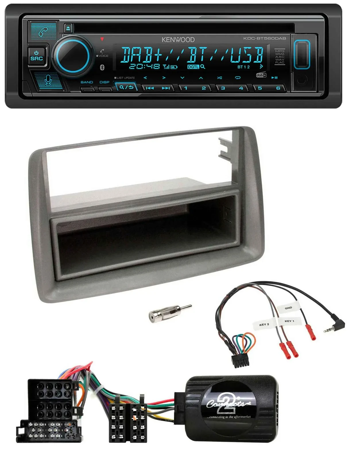 Автомагнитола Kenwood Bluetooth DAB CD USB для Fiat Panda 2004–2010, серый, совместима с кнопками на руле