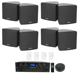 Rockville 4-Room Home Stereo+Wifi Receiver+(8) Black Cube Speakers+Wall Controls