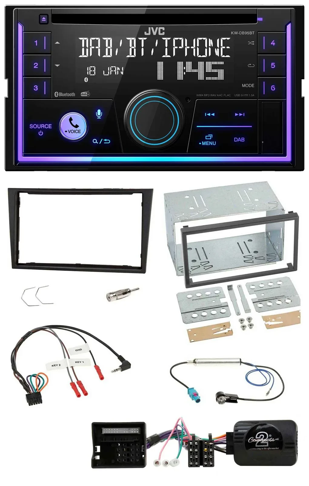 Автомагнитола для Opel Corsa D 2006–2008 JVC 2DIN, DAB, Bluetooth, CD, USB, поддержка управления на руле