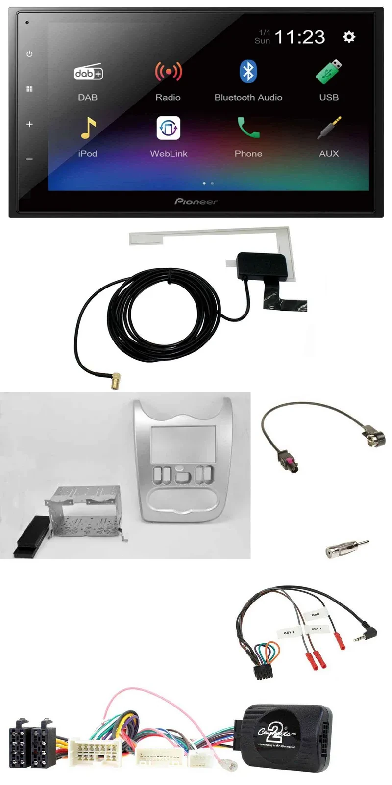 Автомагнитола Pioneer 2DIN, DAB, Bluetooth, USB, для Dacia с 2012, светло-серебристая