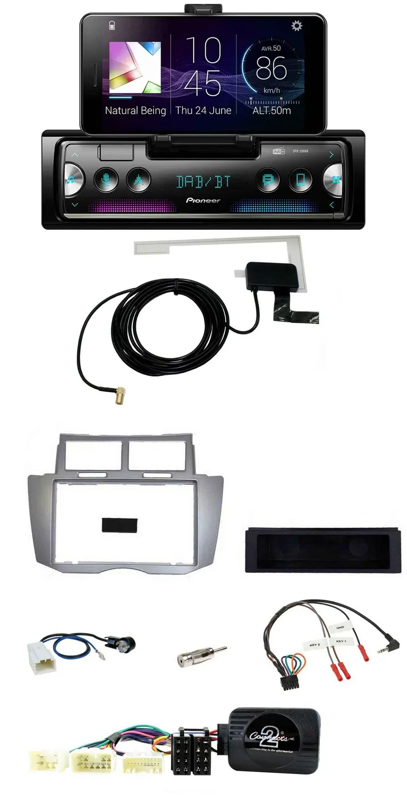 Автомагнитола для Toyota Yaris 2007–2011 Pioneer DAB, Bluetooth, USB, серебристая