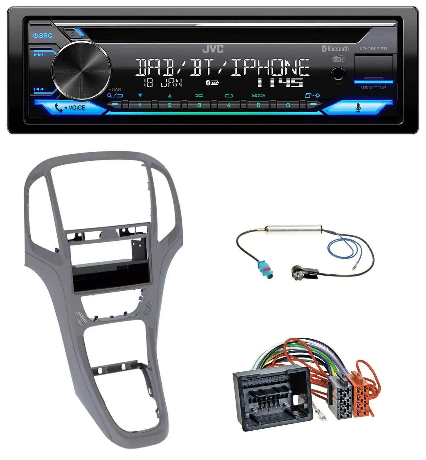 Автомагнитола JVC Bluetooth MP3 USB DAB CD для Opel Astra J (с 2009), титановый серый