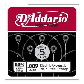 Струна для акустической и электрогитары D'Addario PL009-5 High Carbon Steel Custom Singles, сталь, калибр 9