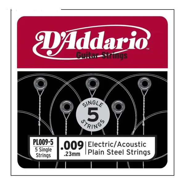 Струна для акустической и электрогитары D'Addario PL009-5 High Carbon Steel Custom Singles, сталь, калибр 9