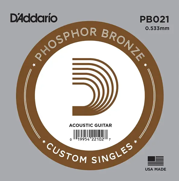 Струна для акустической гитары D'Addario PB021 Phosphor Bronze Custom Singles, фосфорная бронза, калибр 21