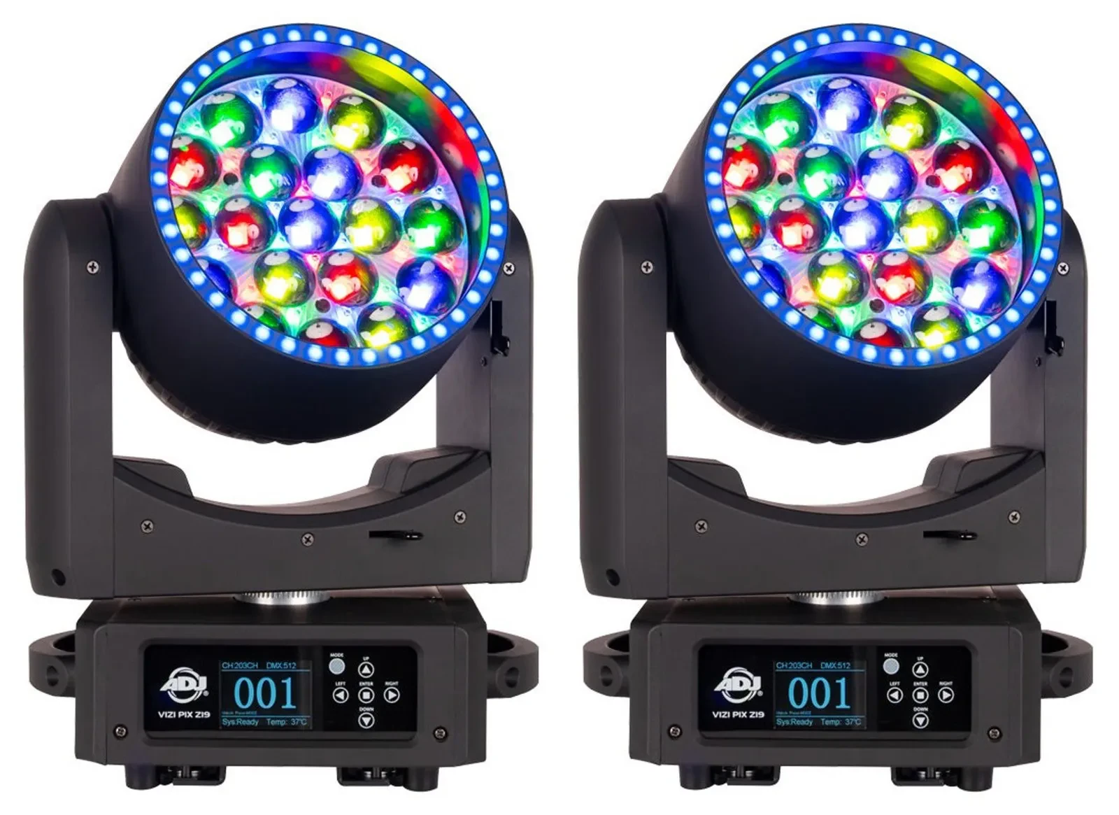 2) American DJ Vizi Pix Z19 RGBL LED Moving Head Lights+Virtual CMY Color Mixing