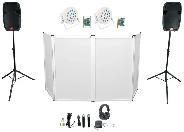 DJ Package w/ (2) 12" DJ PA Speakers w/Bluetooth+Facade+Lights+Mics+Headphones