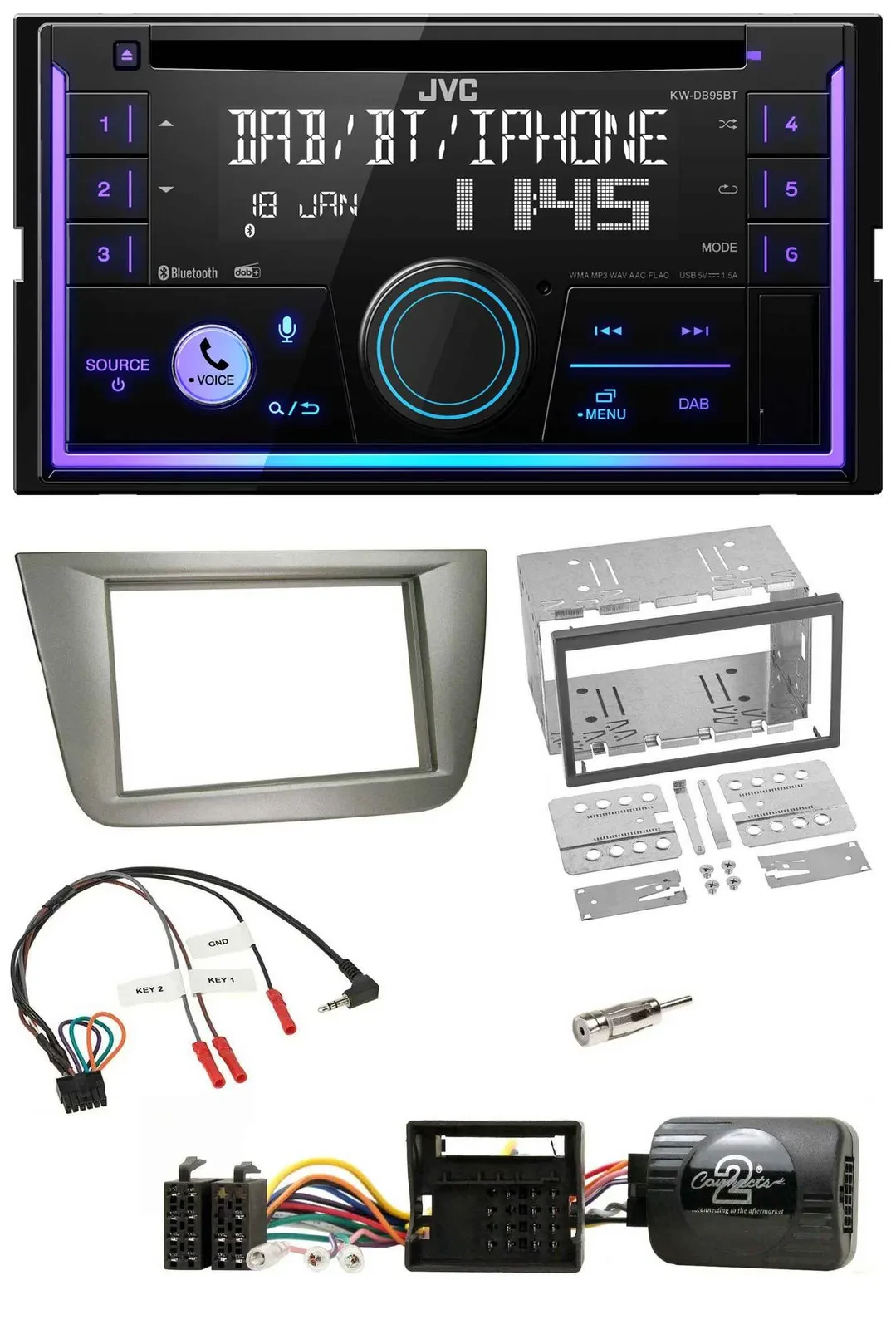 JVC Lenkrad USB 2DIN DAB Bluetooth CD Autoradio für Seat Toledo Altea silber