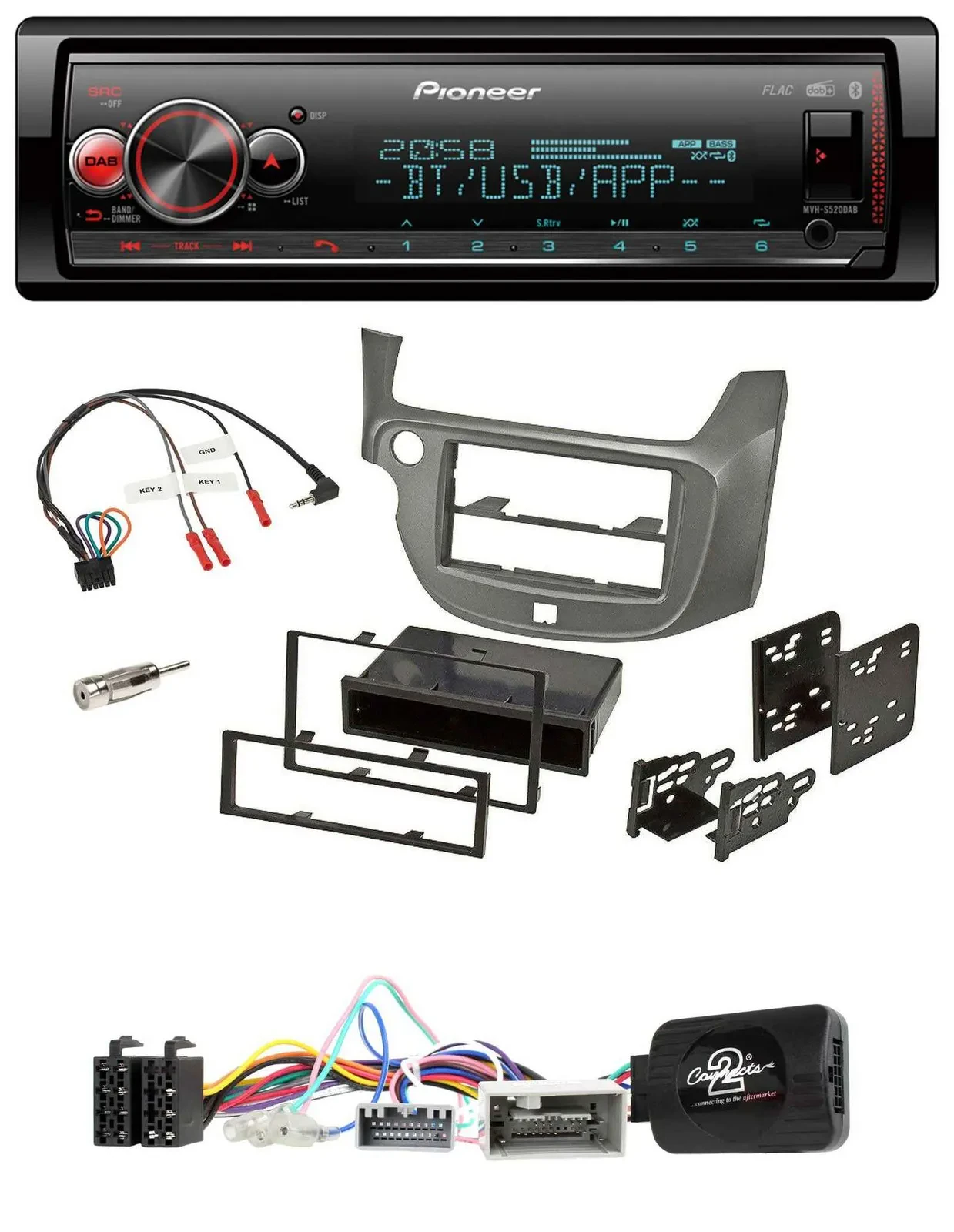 Автомагнитола для Honda Jazz Pioneer Bluetooth, USB, DAB, совместима с кнопками на руле, серебристая