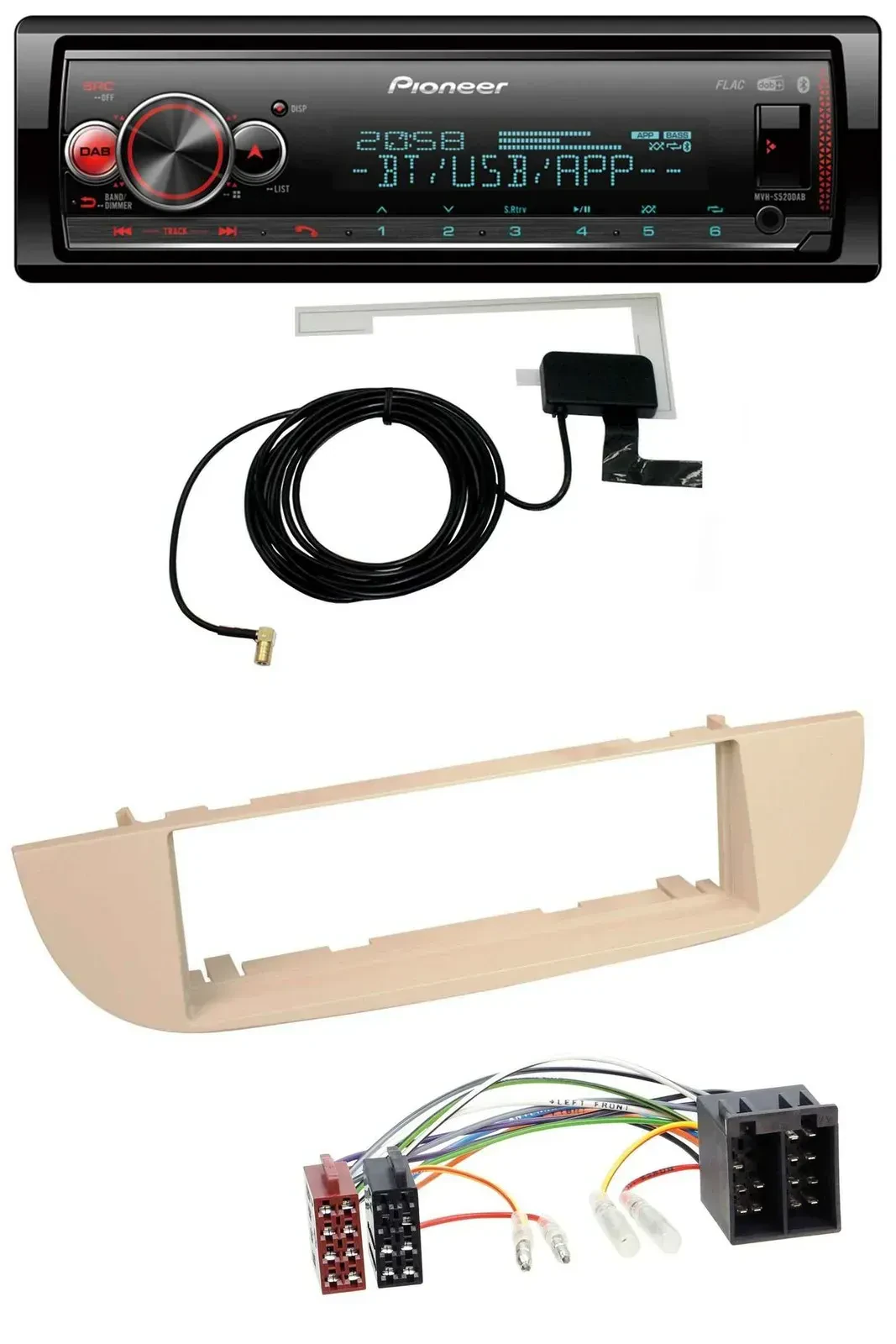 Автомагнитола для Fiat 500 (с 2007) Pioneer Bluetooth, DAB, USB, MP3 перламутрово-серый/бежевый