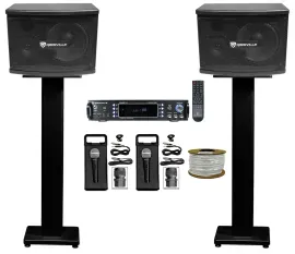 (2) Rockville KPS65 6.5" 400w Karaoke/Pro Speakers+Bluetooth Amp+Stands+(2) Mics