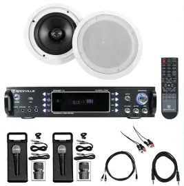 Rockville Karaoke Bluetooth Amp/Mixer+(2) 8" Ceiling Speakers+(2) Microphones