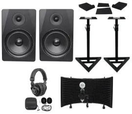 (2) Rockville DPM8B 8" 600w Active Studio Monitors+Stands+Headphones+Mic+Shield