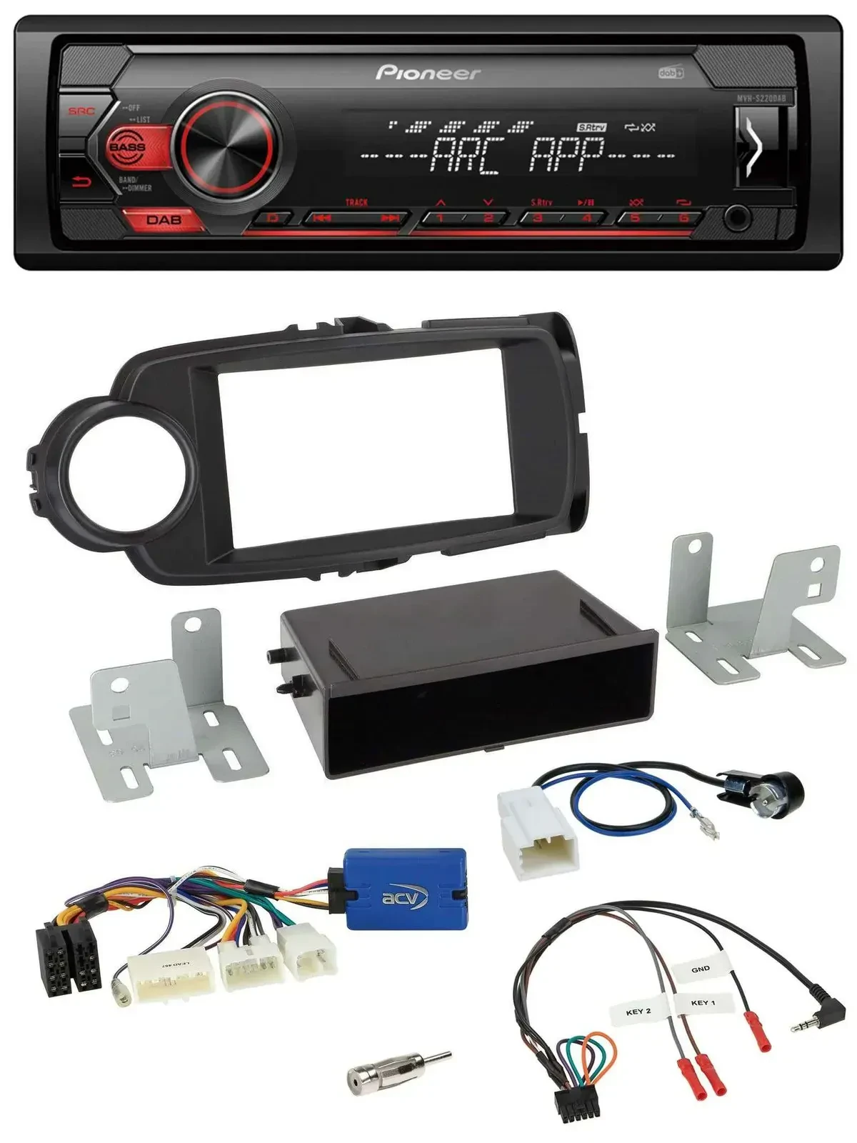 Автомагнитола для Toyota Yaris (с 2014) Pioneer 1-DIN DAB USB MP3 черная, совместима с кнопками на руле