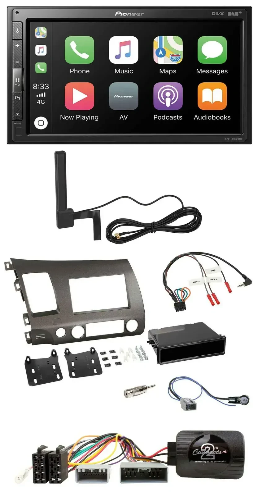 Автомагнитола Pioneer 2DIN, USB, Bluetooth, DAB, для Honda Civic 2006–2010 Hybrid, с управлением на руле