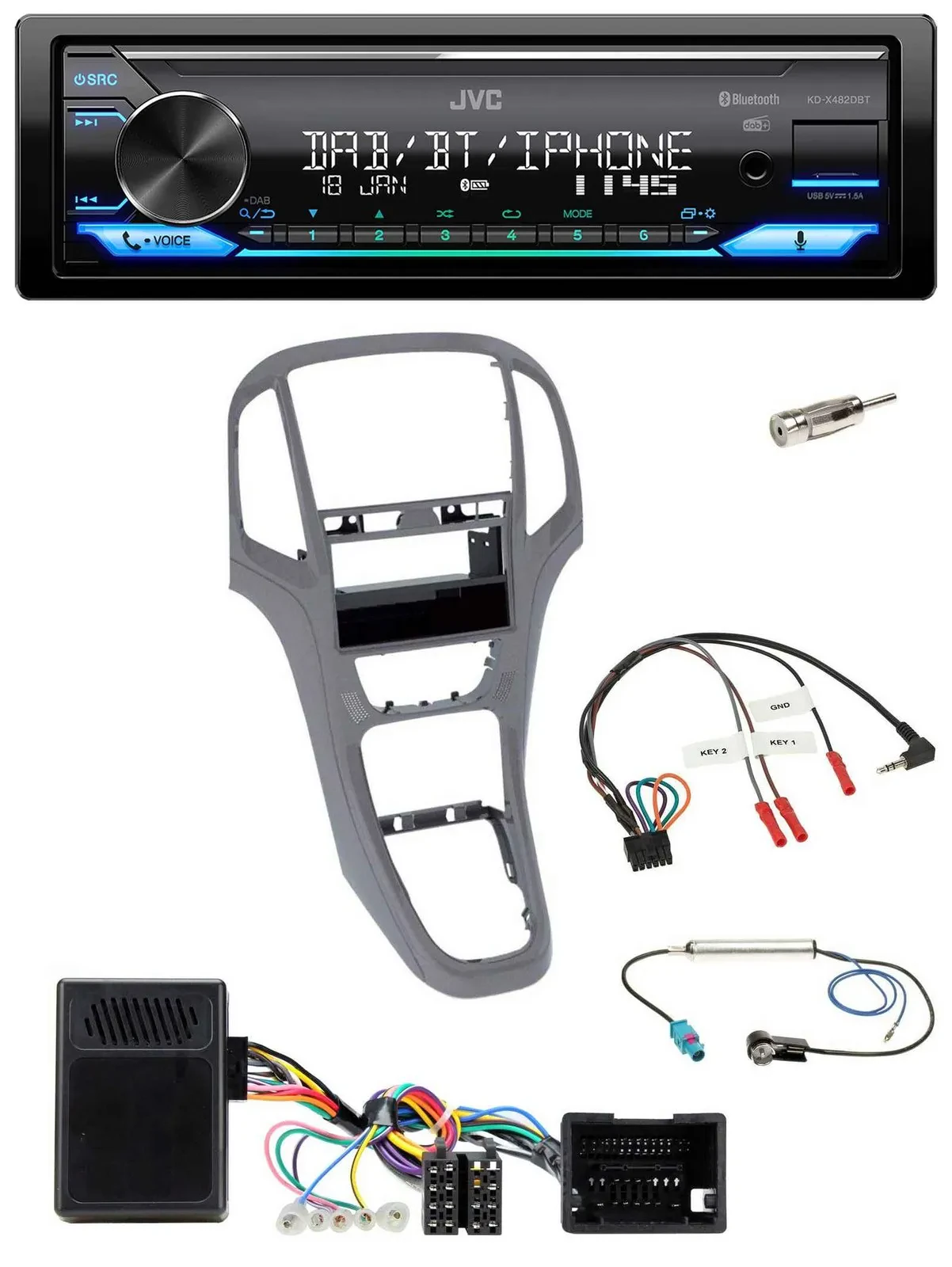 Автомагнитола для Opel Astra J (с 2009) JVC Bluetooth DAB USB, поддержка управления на руле, титановый серый