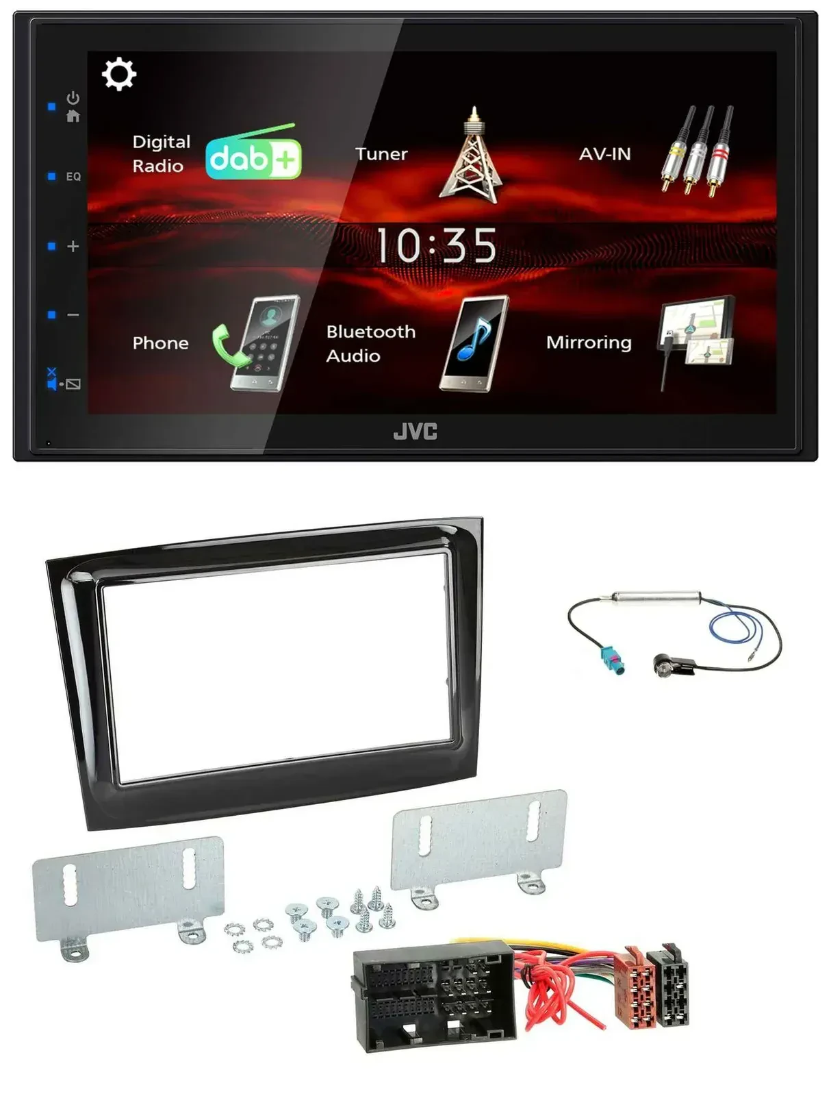 Автомагнитола JVC 2DIN, USB, Bluetooth, MP3, DAB, черный глянец, для Fiat Doblo (с 2015)