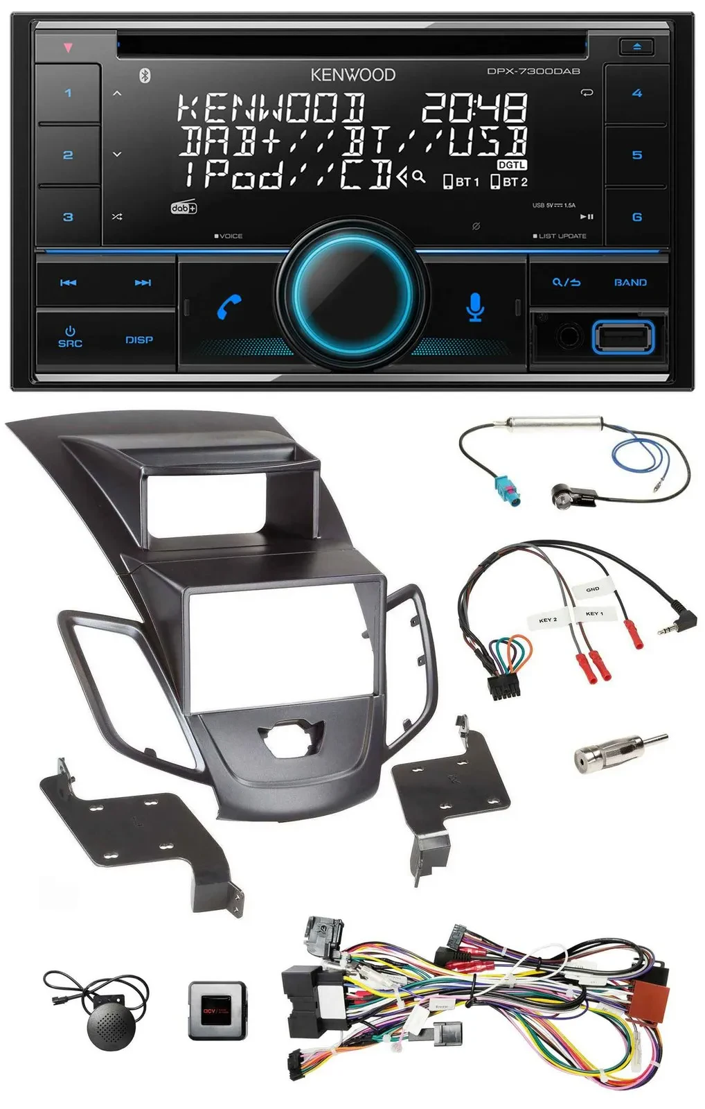 Kenwood CD 2DIN DAB USB Lenkrad Bluetooth Autoradio für Ford Fiesta Display 2008