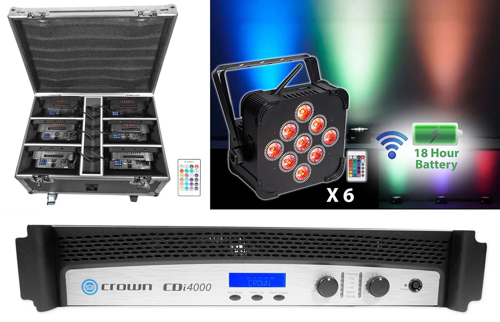 Crown CDi4000 2-Channel, 1200 Watt Power Amplifier Amp+6 Wireless DMX Par Lights