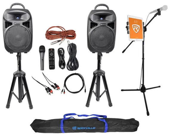 Rockville Dual 8" Karaoke Machine Speaker System w/Mic Stand w/Tablet Mount+Bag