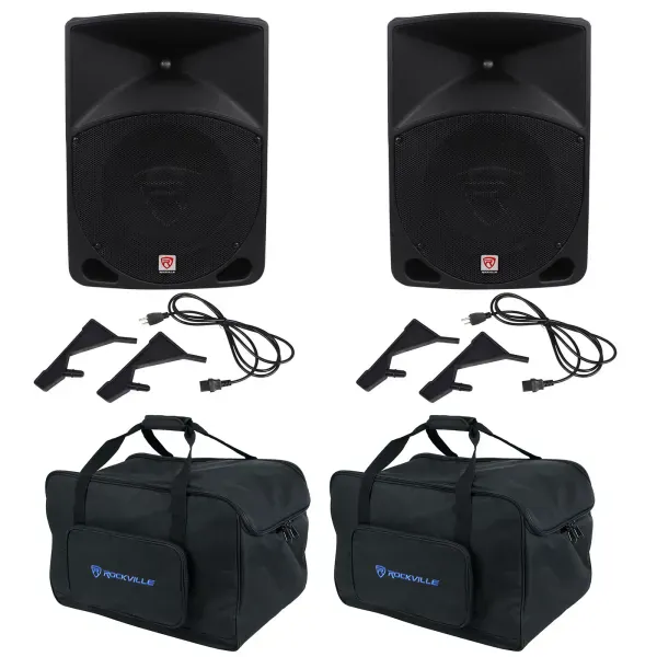 (2) Rockville RPG10 10" Powered 1200w DJ PA Speakers+Carry Bags