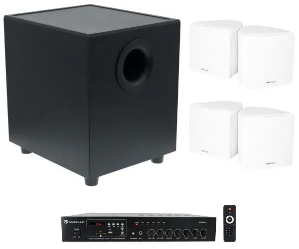 Rockville 70v Commercial Amp+(4) White Cube Speakers+Sub For Restaurant/Bar/Cafe