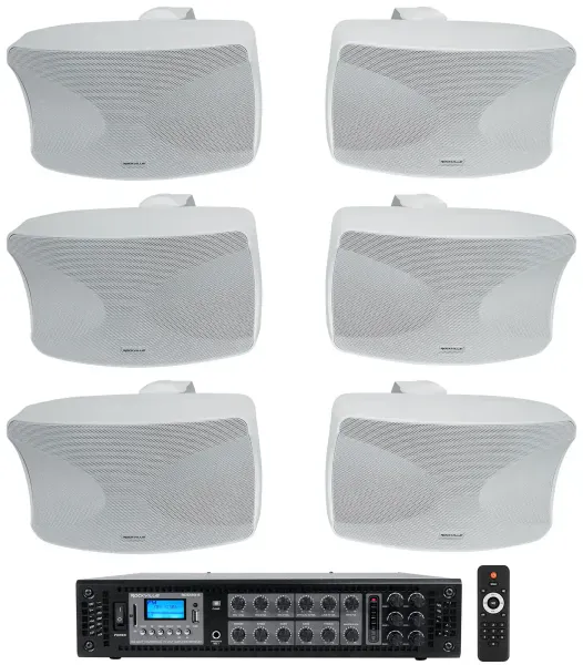 6 Rockville WET-44 PRO Dual 4" 4-Way Swivel 70V Commercial Speakers in White+Amp