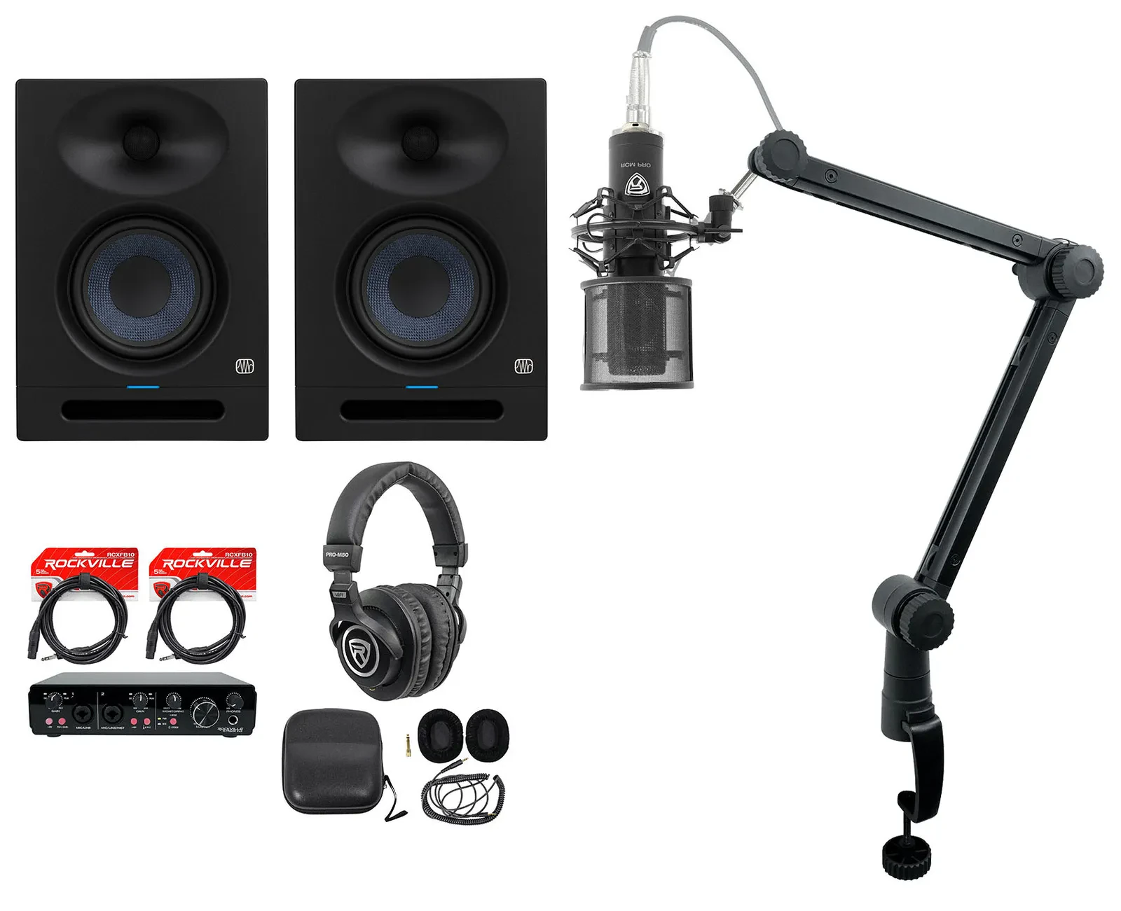 Комплект для подкастов PreSonus Eris Studio 8 + R-TRACK 2x2, 8" студийные мониторы, микрофон, наушники, стойка-стрела (набор)