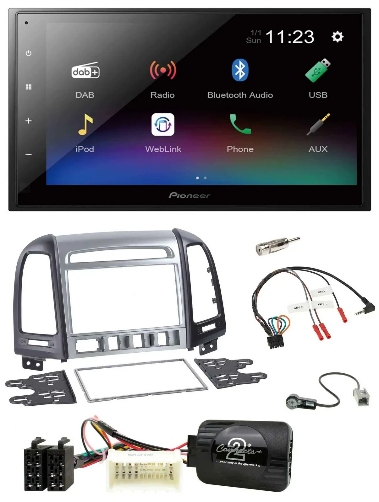 Автомагнитола для Hyundai Santa Fe Pioneer 2DIN, USB, Bluetooth, DAB, управление с руля (4 кнопки)